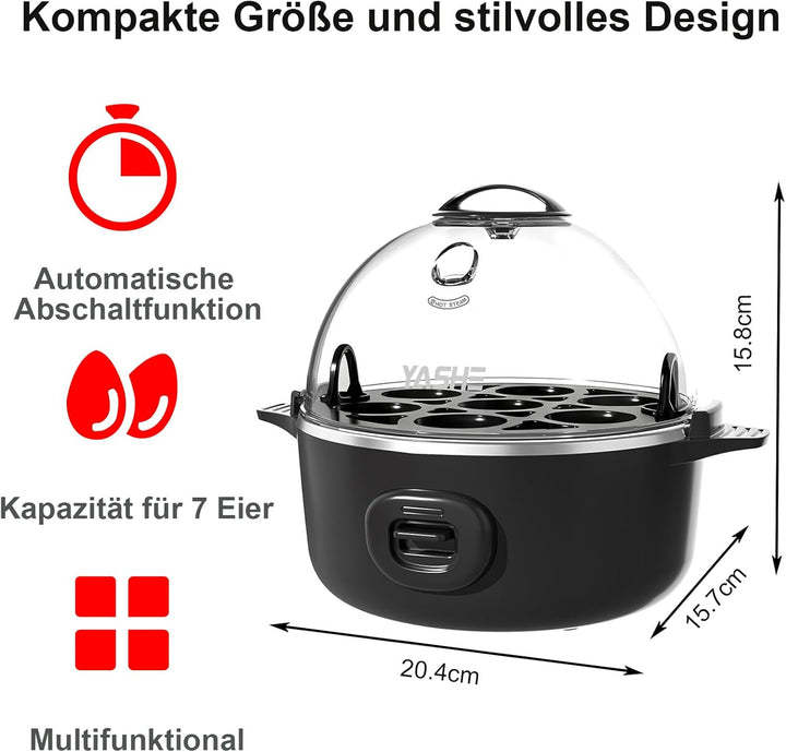 YASHE Eierkocher, elektrischer Eierkocher für 7 Eier für hart, mittel und weich gekochte Eier, Eierb