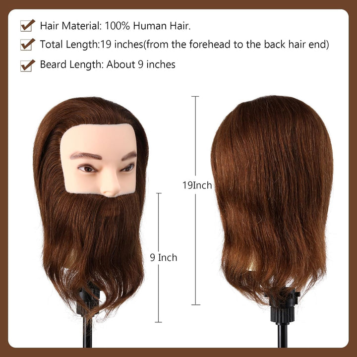 Mann Frisierkopf mit Ständer 100% Echthaar mit Bart Männlich Übungskopf Echthaar Friseur Kopf Puppen