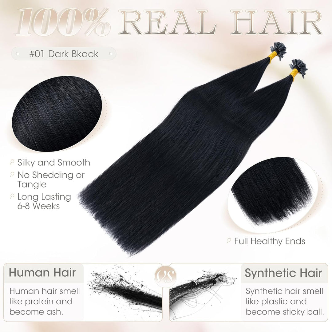 Elailite Echthaar Bonding Extensions 50g Haarverlängerung Keratin U Tip 1g/pcs 40cm 50 Stück #1 Schw