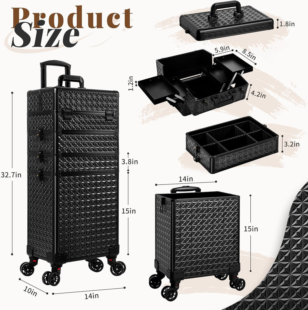 Arous 5-in-1 Profi-Kosmetikkoffer, Aluminium, mit 360° drehbaren Rädern Schwarz, Schwarz