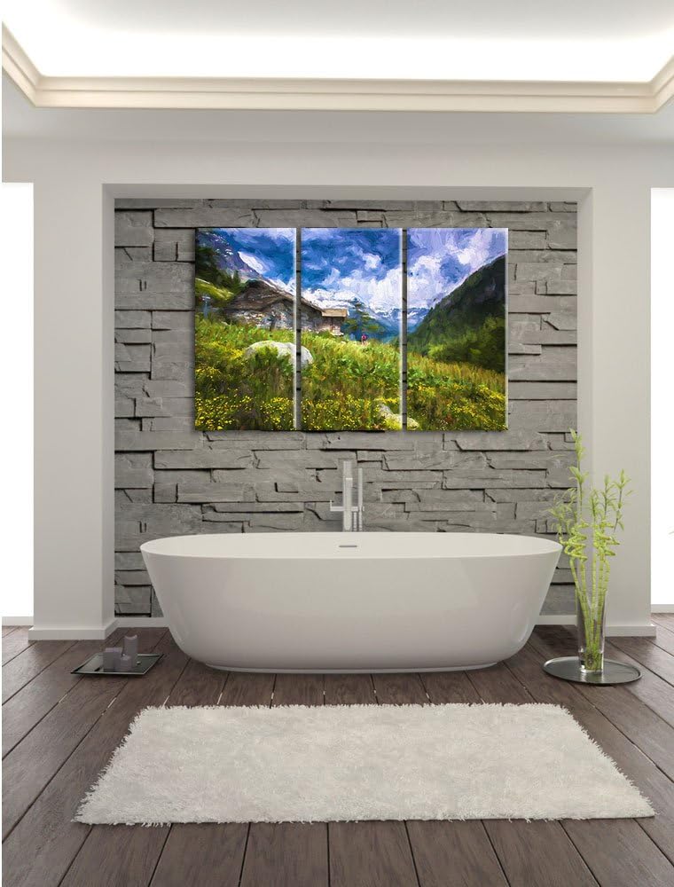 Pixxprint Berghütte Pinsel Effekt 3-Teiler Leinwandbild 120x80 Bild auf Leinwand