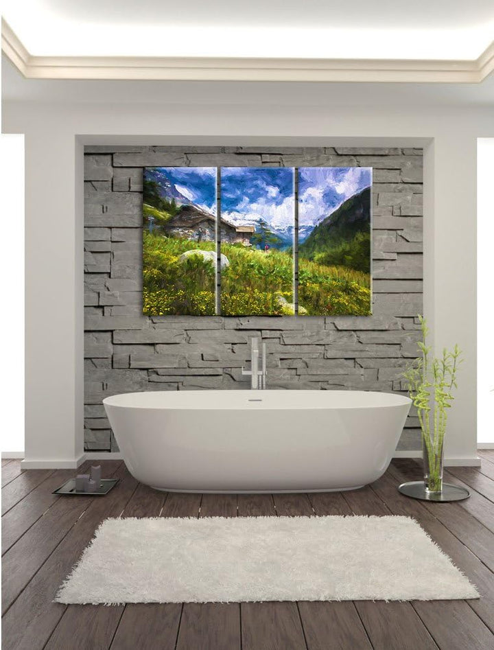 Pixxprint Berghütte Pinsel Effekt 3-Teiler Leinwandbild 120x80 Bild auf Leinwand
