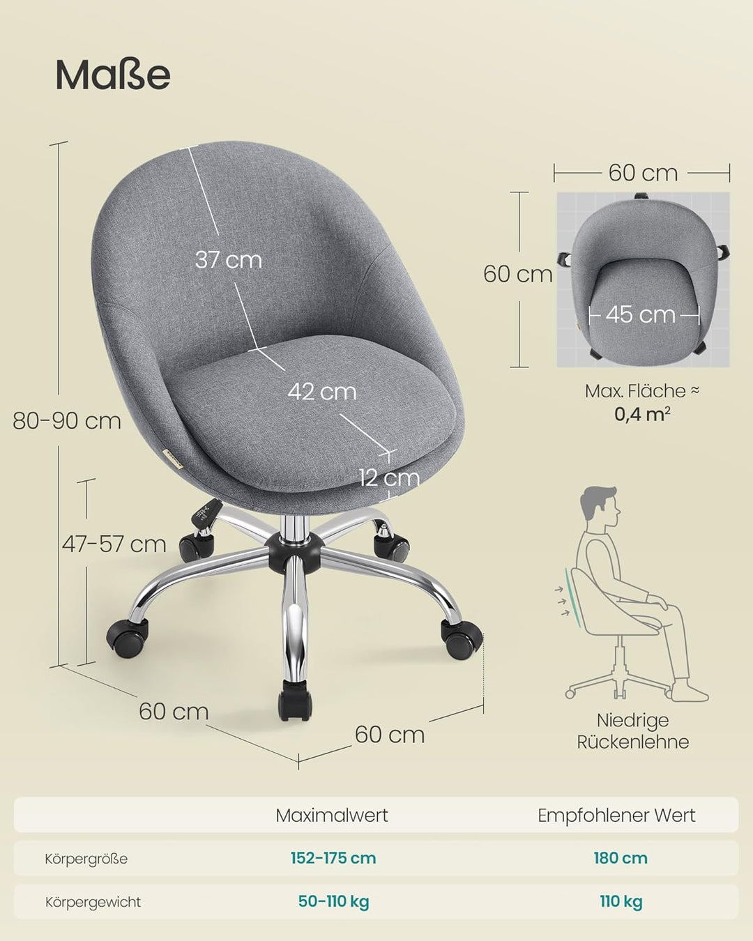 SONGMICS Homeoffice-Stuhl, Schminkstuhl aus Baumwoll-Leinen-Mischgewebe, Schreibtischstuhl, Schaumst