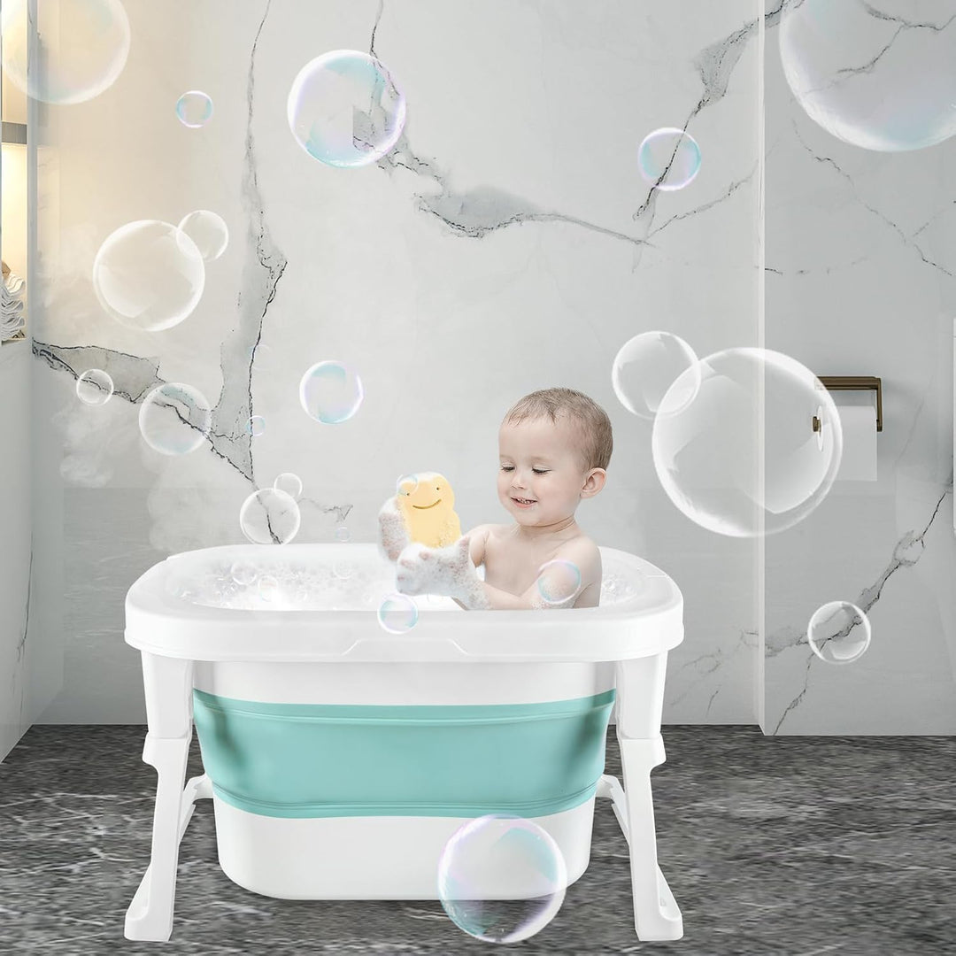 Ultrakompakte faltbare Badewanne für Kinder von 0-6 Jahren mit Kissen und Hocker, Kopfspülung für Ba