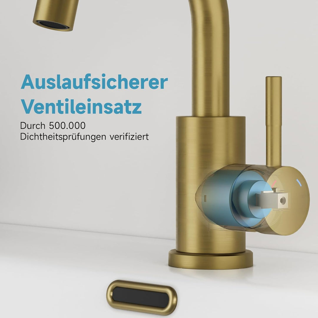 Wasserhahn Bad Gebürstetes Gold, Wasserhahn Küche Edelstahl, 360° Drehbar Waschtischarmatur Hoch, Ei