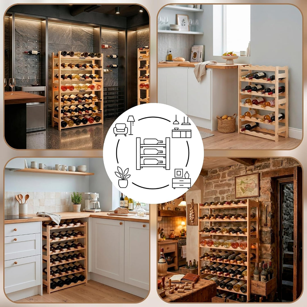SPRINGOS Weinkühlschrank aus Kiefernholz für 30 Flaschen - Natürlicher Holz-Weinregal mit 6 vorderen
