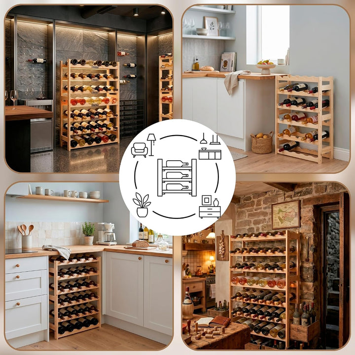 SPRINGOS Weinkühlschrank aus Kiefernholz für 30 Flaschen - Natürlicher Holz-Weinregal mit 6 vorderen