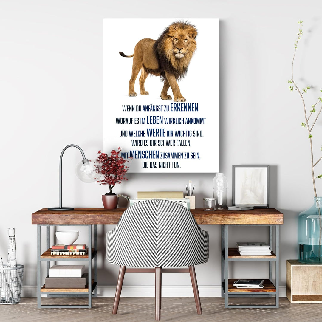 wandmotiv24 Motivations Motiv als Leinwandbild, 60x45cm, Hochformat, Werte, Löwe, Weiss, Blau, Tier,