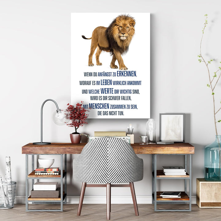 wandmotiv24 Motivations Motiv als Leinwandbild, 60x45cm, Hochformat, Werte, Löwe, Weiss, Blau, Tier,