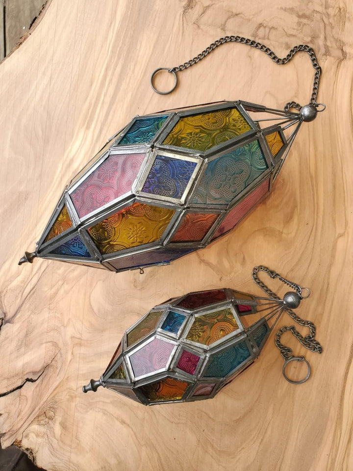 Teelicht-Laterne aus Glas, marokkanischer Stil, gross, Grün / Blau Blau,grün Large, Blau,grün Large