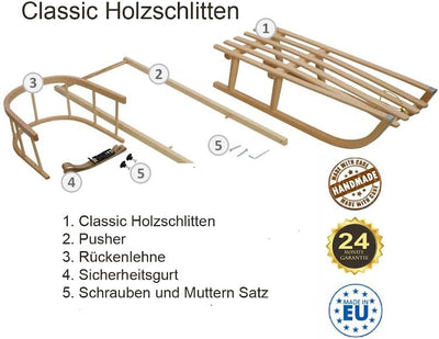 Holzschlitten für Kinder mit Rückenlehne Rodelschlitten Davoser Schlitten aus Holz mit einem Sicherh