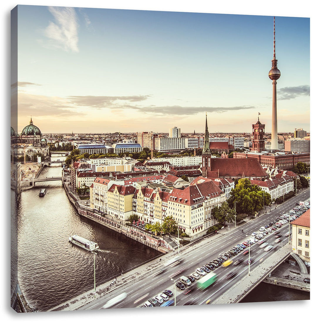 Skyline von Berlin, Format: 70x70 auf Leinwand, XXL riesige Bilder fertig gerahmt mit Keilrahmen, Ku