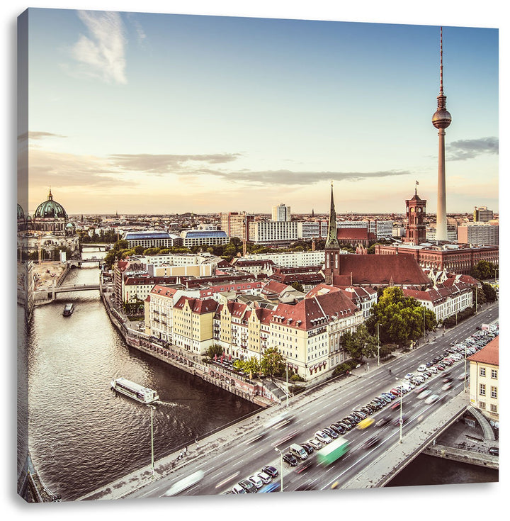Skyline von Berlin, Format: 70x70 auf Leinwand, XXL riesige Bilder fertig gerahmt mit Keilrahmen, Ku
