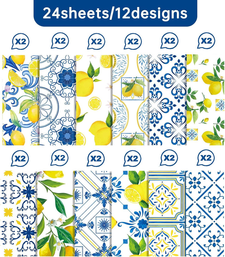 Fruchtmuster Scrapbook Papier, 24 Blatt/12 Designs Doppelseitiges Bastelpapier, Zitronenmuster Dekor