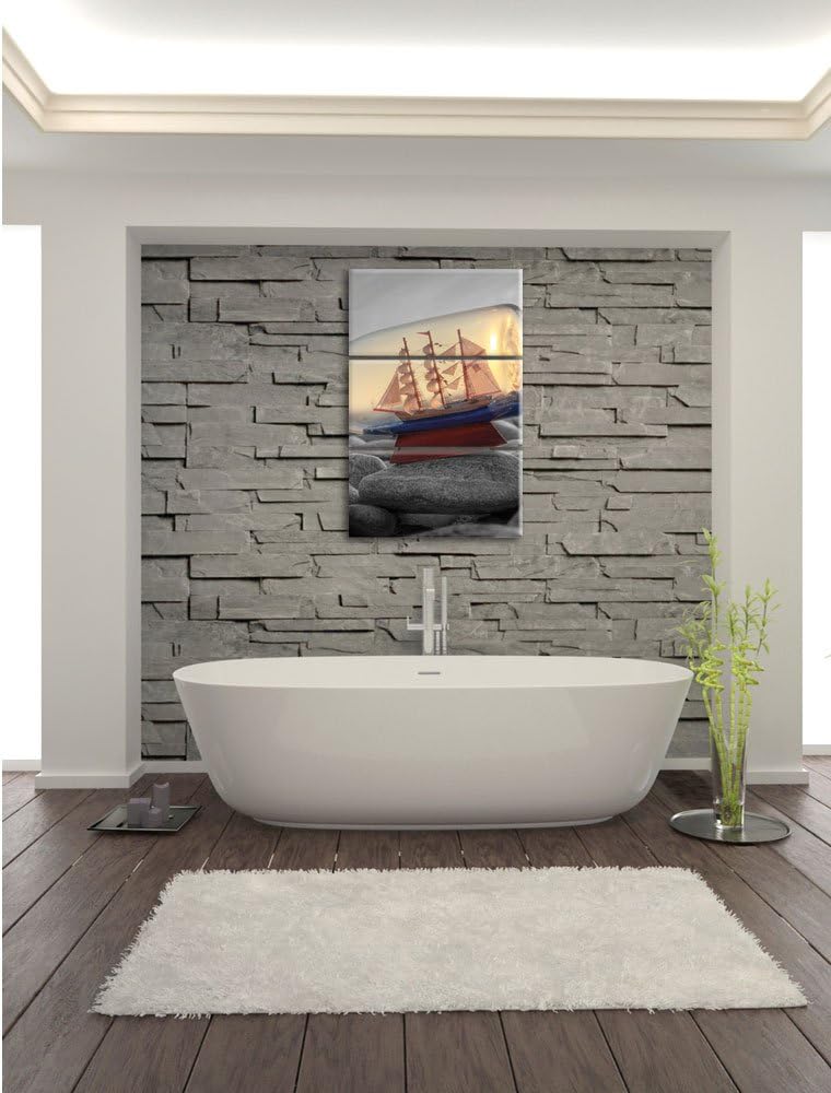 Pixxprint Schiff in Flasche am Steinstrand als Leinwandbild/Grösse: 3 Teilig (120x80 cm) cm/Wandbild