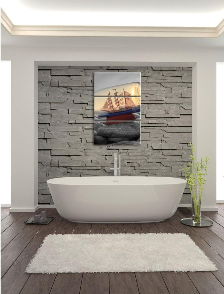 Pixxprint Schiff in Flasche am Steinstrand als Leinwandbild/Grösse: 3 Teilig (120x80 cm) cm/Wandbild