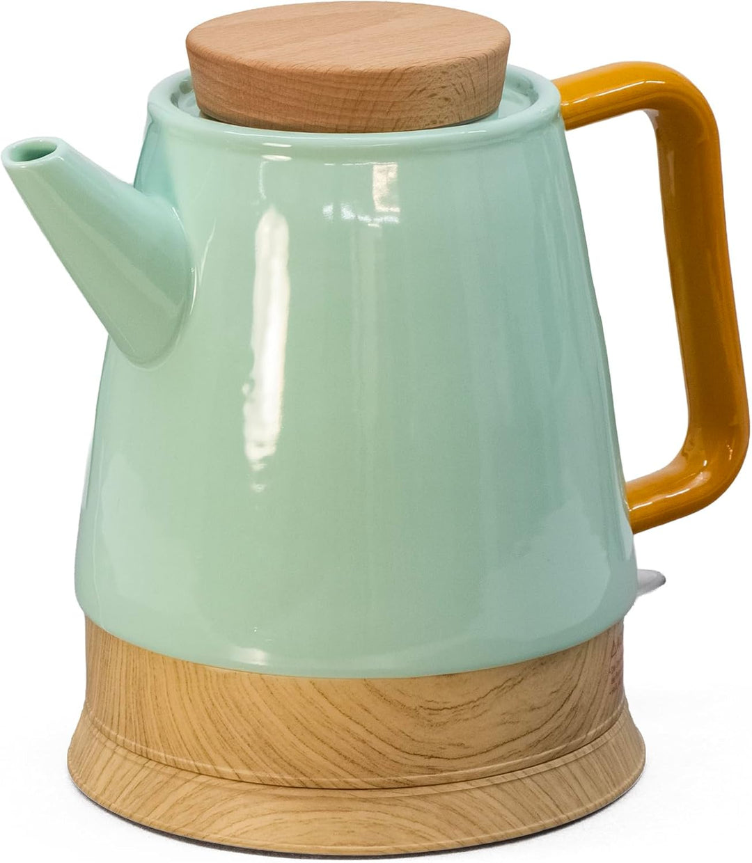 Elektrischer Keramik Wasserkocher 1,5L mint/holz – mit echtem Holzdeckel, 360° drehbarer Sockel, LED