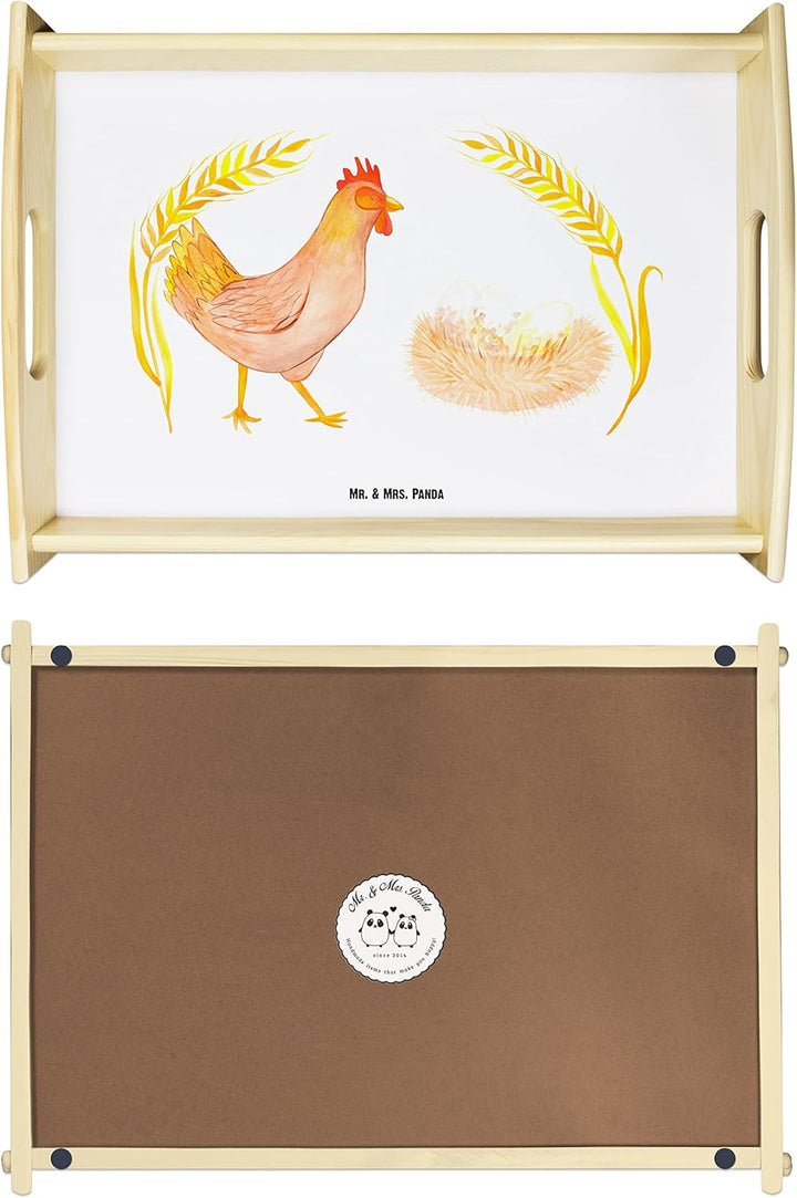 Mr. & Mrs. Panda Serviertablett Huhn Stolz - Geschenk, Servier Tablett, Hahn, Bauernhof, aus Holz, S