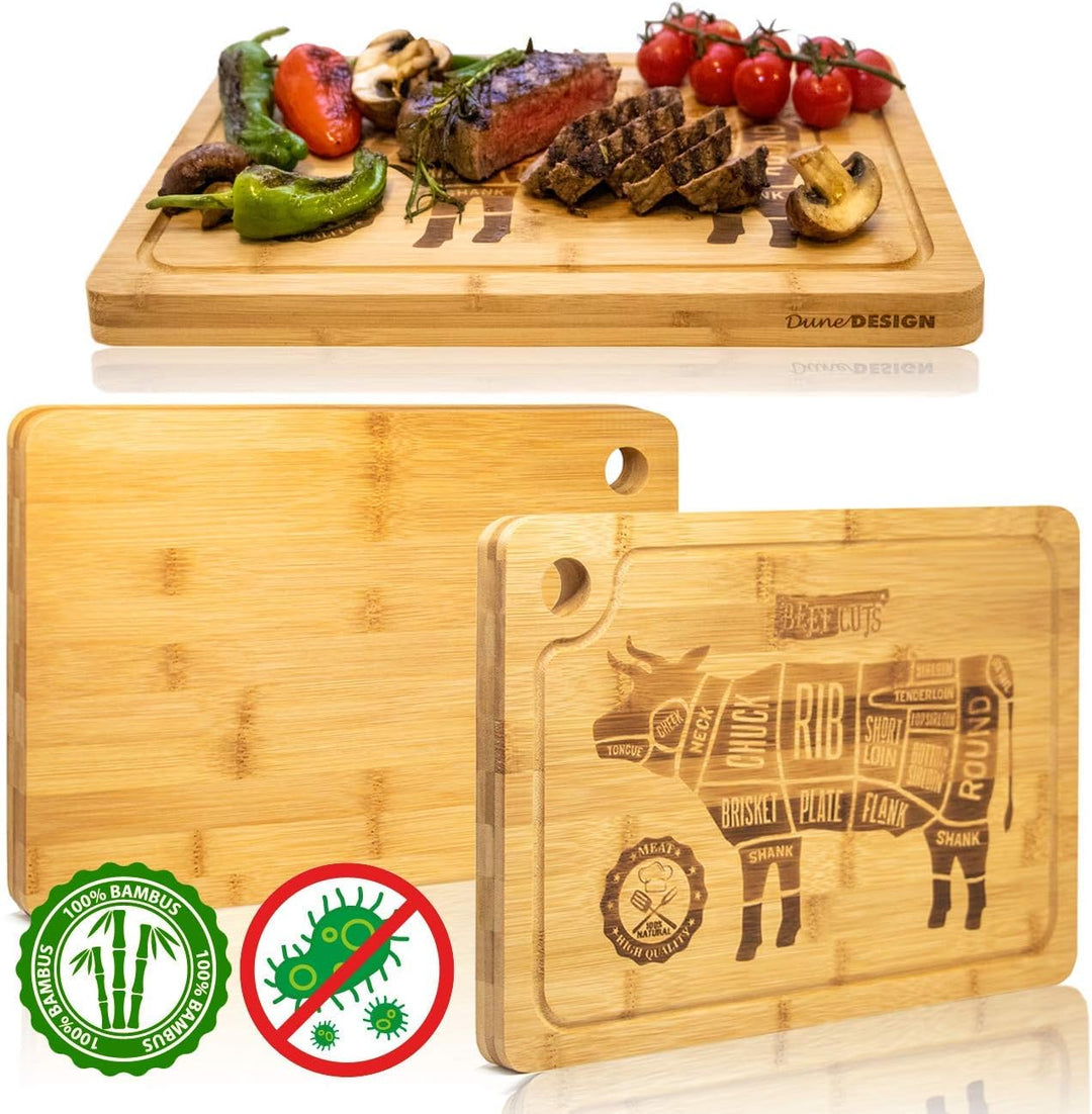 DuneDesign Steakteller aus Bambus 2er Set – massive Holz Steakbretter 33x23 cm, 2 cm dick – stilvoll