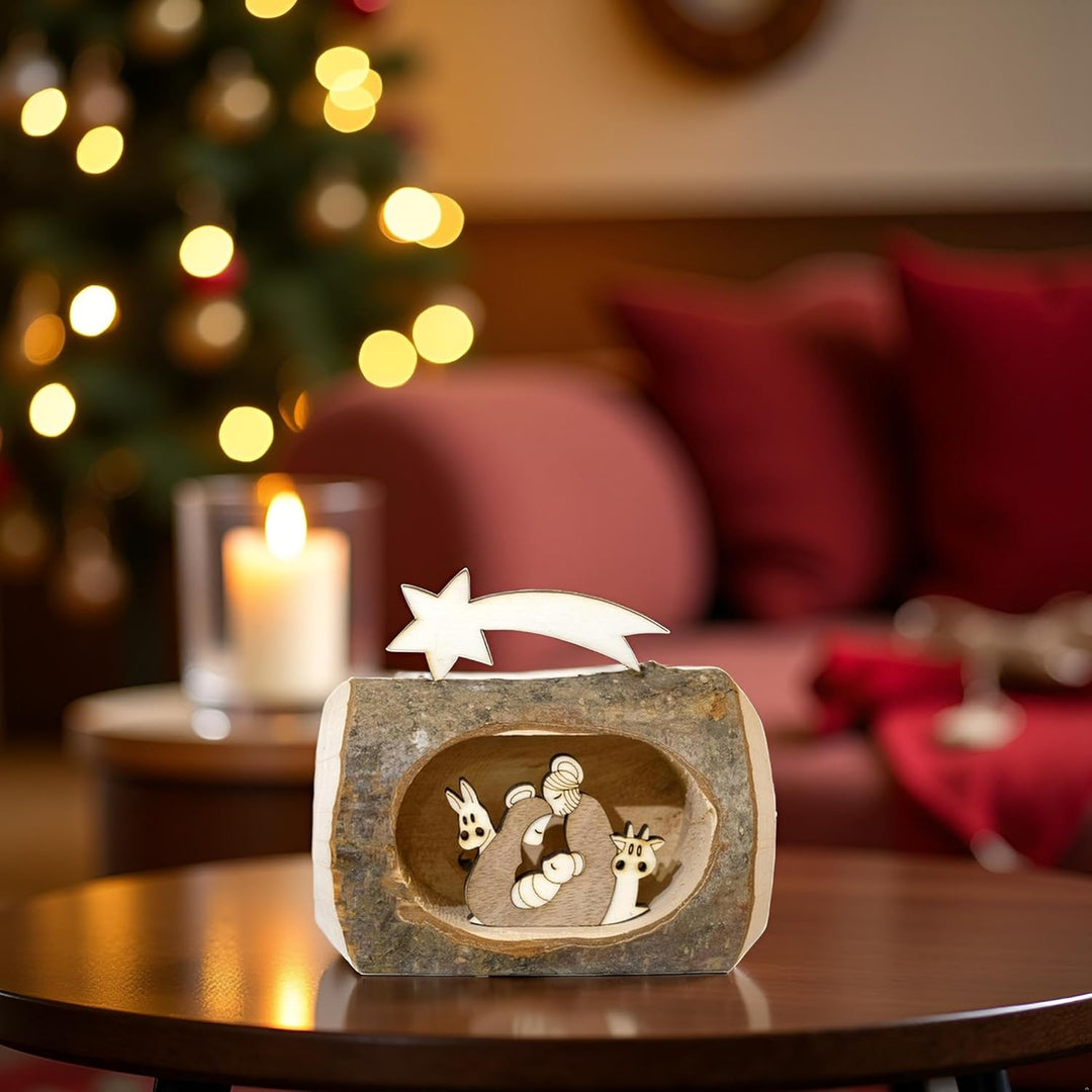 Kaltner Präsente Geschenkidee - Weihnachten Krippe aus Holz mit Jesus, Maria und Kind in einem Baums