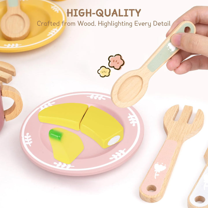 Kinderküche Geschirr Teeservice Kinder Holz, 29 Pcs Montessori Küchenzubehör mit Tassen Teller, Spie