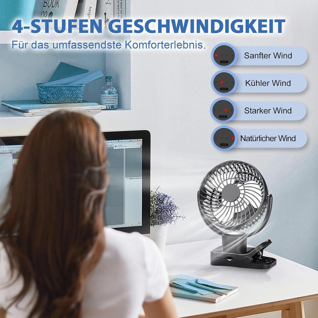 10000mAh USB Ventilator, Akku Camping Ventilator mit Fernbedienung, 360° Oszillation, Clip Ventilato