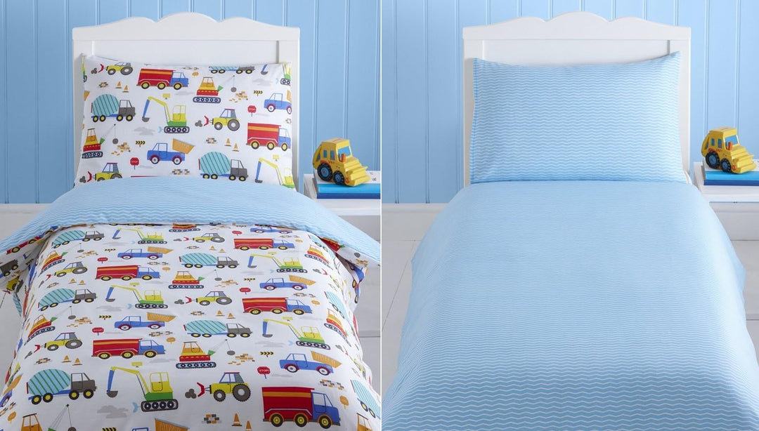 Kidz Club Bright Trucks Junior Bettbezug und Kissenbezug-Set, Wende-Steppdecke, Bagger, Polyester-Ba