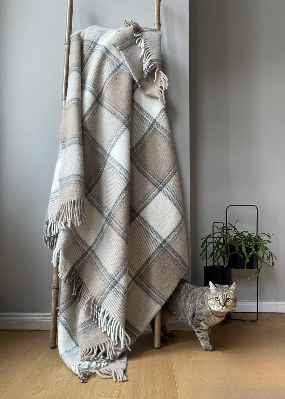 JOWOLLINA WOOLONLY 100% Lammwolle Wolldecke Plaid Karo Schottenmuster Tartan (Gelb/orange, 175x210 c