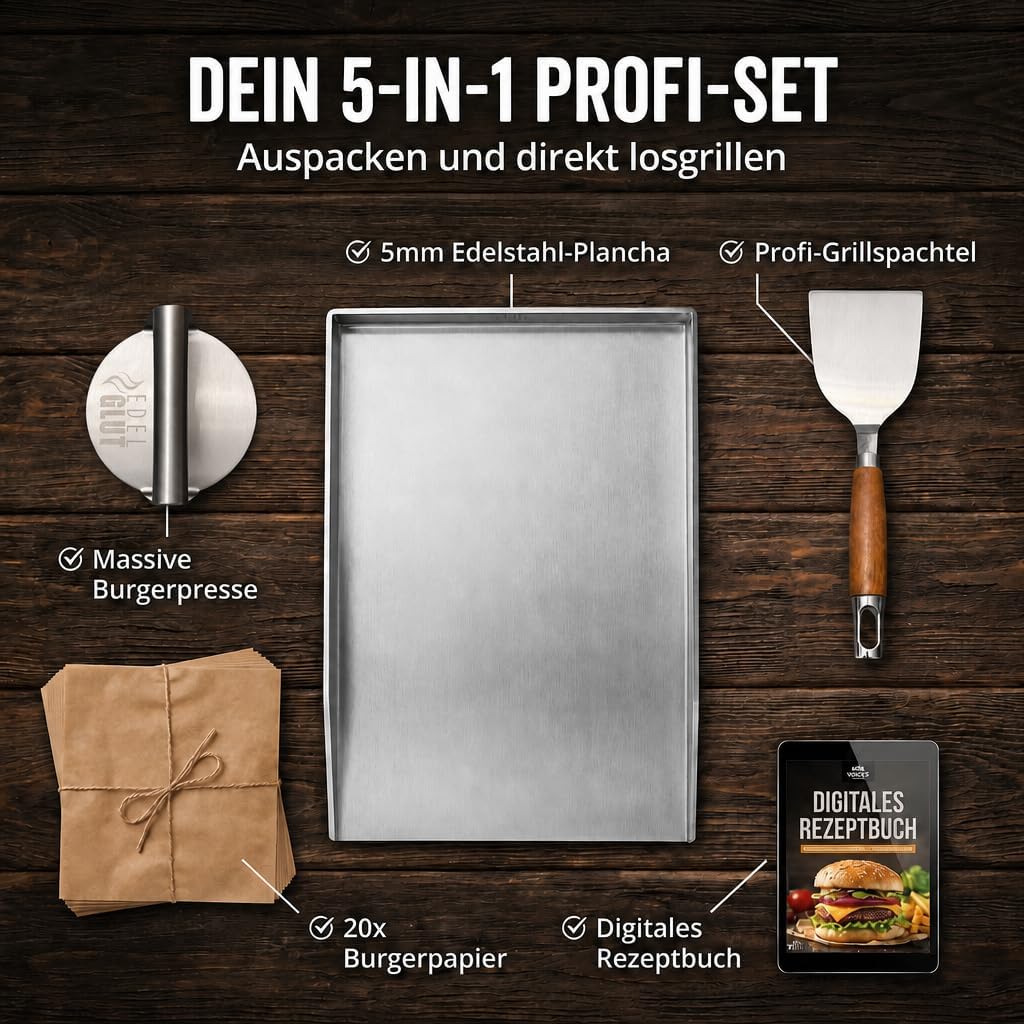 Plancha-Grillplatte-Set - 5mm Premium-Edelstahl-Grillplatte inkl. Burgerpresse, Grillspachtel, Burge