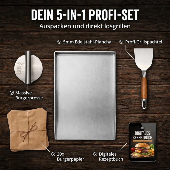 Plancha-Grillplatte-Set - 5mm Premium-Edelstahl-Grillplatte inkl. Burgerpresse, Grillspachtel, Burge