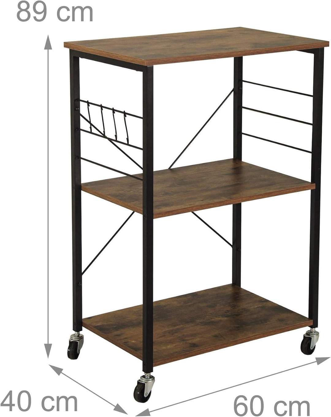 Relaxdays Rollwagen, 3 Ablagen, S-Haken, Küche & Wohnzimmer, HBT: 89x60x40 cm, Beistellwagen mit Rol