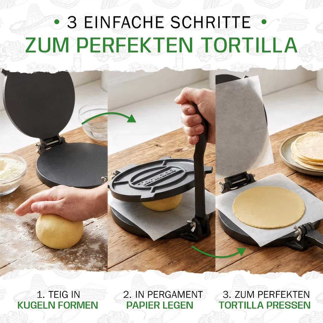 Tortillada - Premium Tortillapresse aus Gusseisen mit Rezepten (30 cm) 12 Inch
