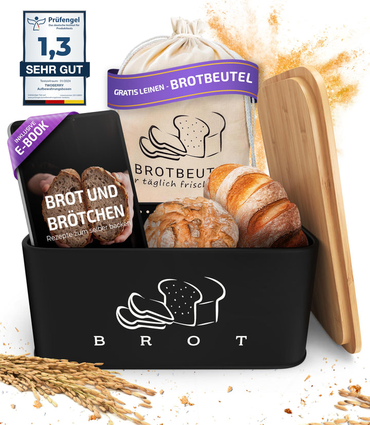 Brotkasten Schwarz – Brotbox mit Bambusdeckel als Schneidebrett [2in1 Brotbehälter]- inklusive grati