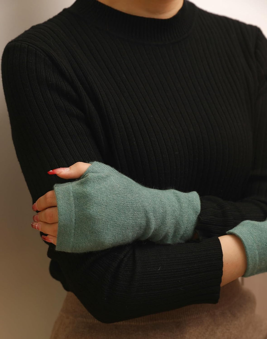 Kaschmir-Wolle Damen Pulswärmer fingerlose Handschuhe Hand-Stulpen 19 cm X 10 cm Jeans-Blue meliert