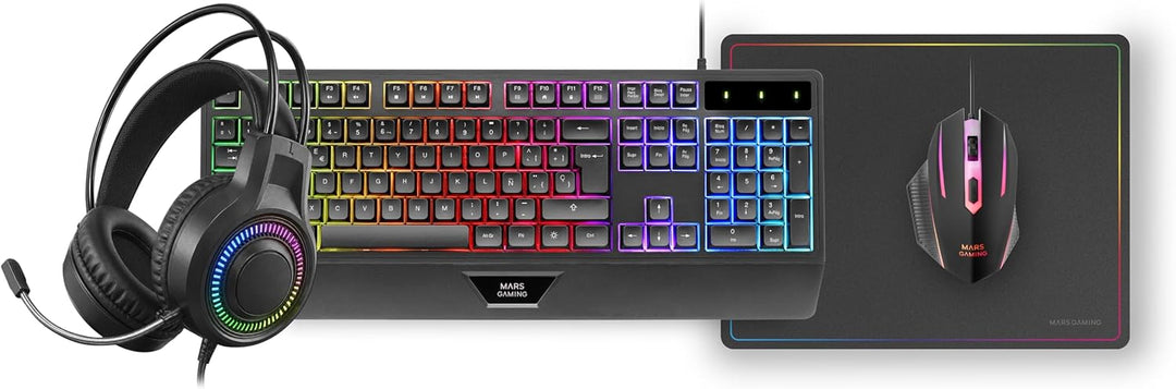 Mars Gaming MCP124PRO, Spanisch, Gaming-Combo 4in1, RGB H-Mech-Tastatur mit Handballenauflage, RGB-M