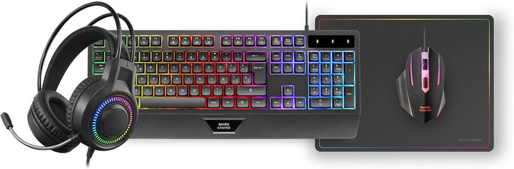 Mars Gaming MCP124PRO, Spanisch, Gaming-Combo 4in1, RGB H-Mech-Tastatur mit Handballenauflage, RGB-M