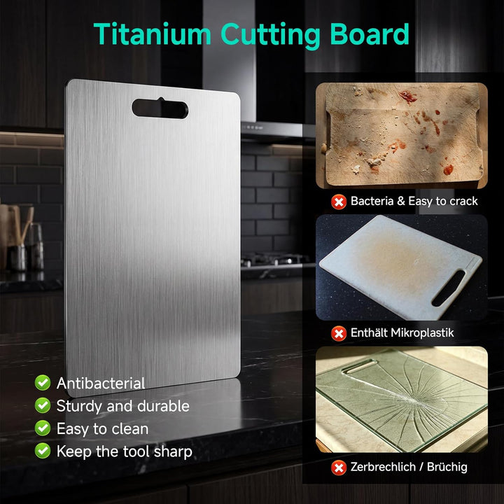 3 Stück Titan Schneidebrett Edelstahl Schneidebrett Set, Titanium Cutting Board Mit Schwamm und Spar