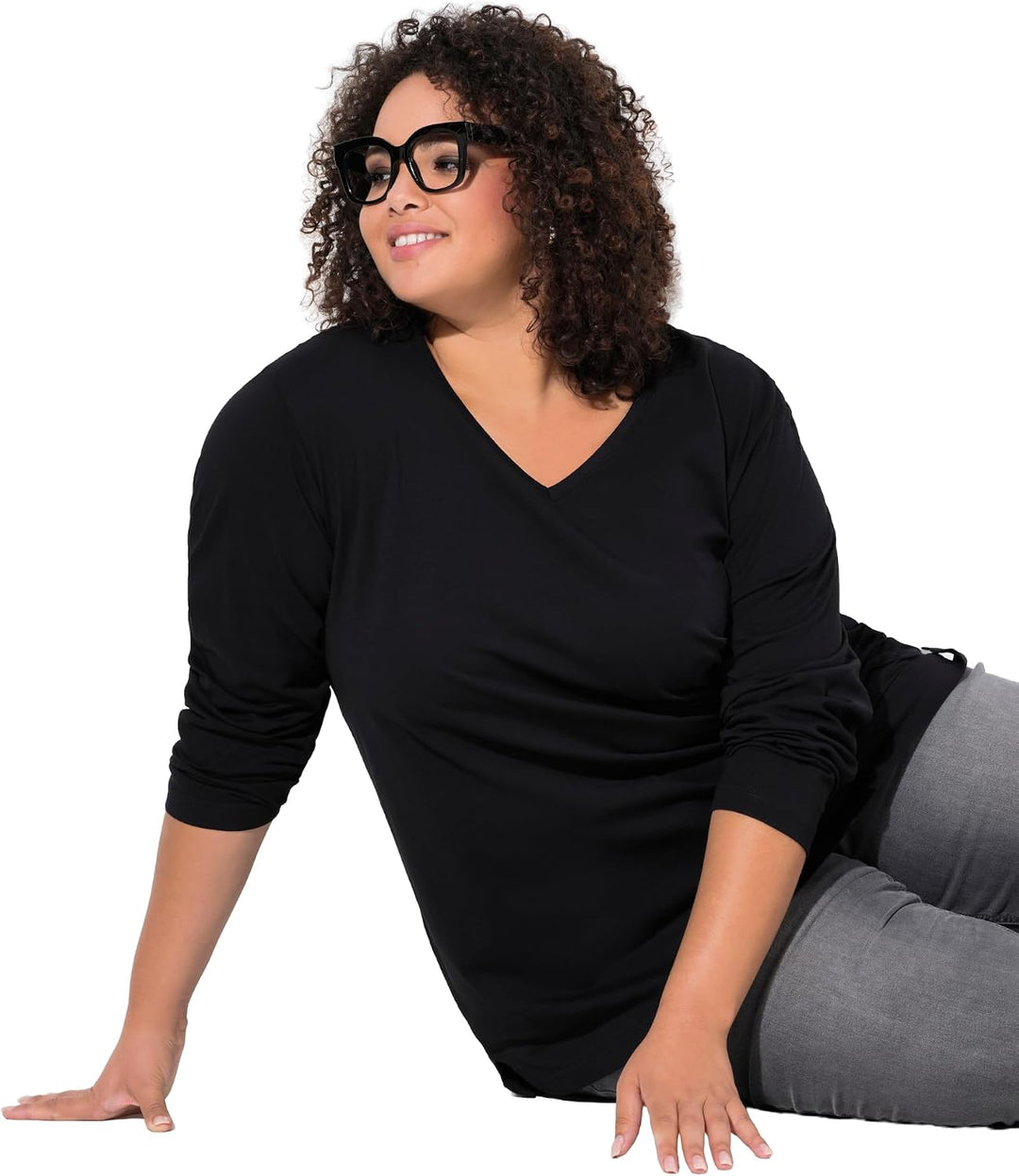 Ulla Popken Damen Basic-v-Shirt, Langarm Langarmshirt 46-48 Schwarz, 46-48 Schwarz