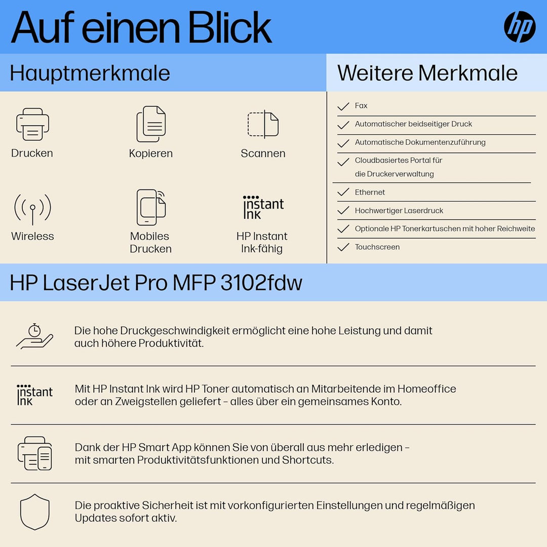 HP LaserJet Pro MFP 3102fdw Laserdrucker, Multifunktions-Laserdrucker, Automatischer Duplex, Hohe Dr