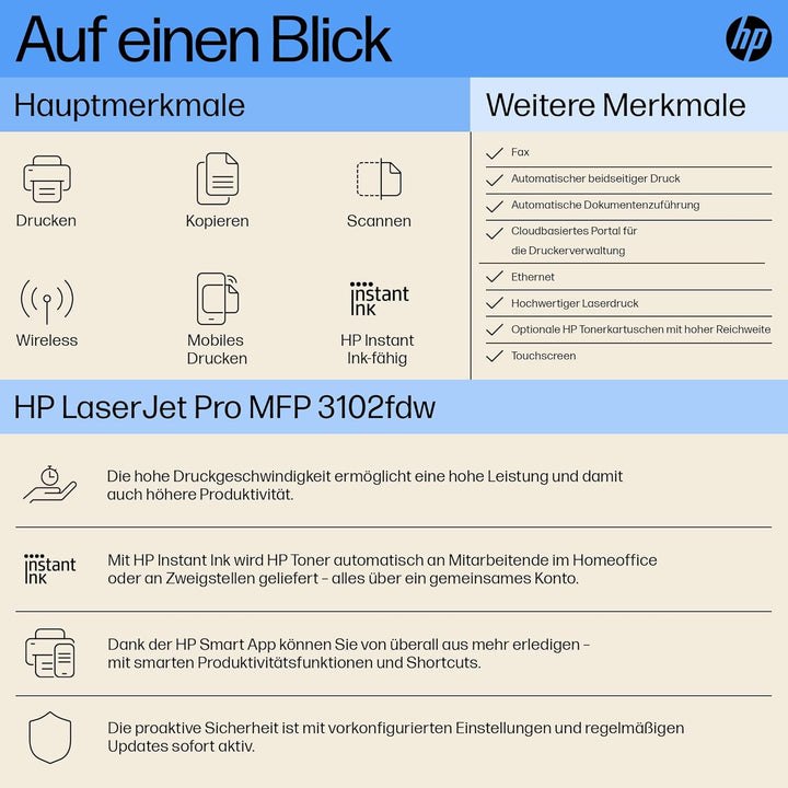 HP LaserJet Pro MFP 3102fdw Laserdrucker, Multifunktions-Laserdrucker, Automatischer Duplex, Hohe Dr