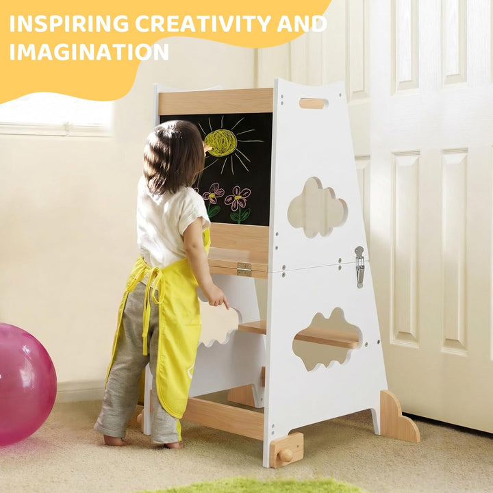 KIDINIX Lernturm ab 1 Jahr, 3 in 1 Montessori Learning Tower mit Sicherheitsgeländer und Tafel, Klap