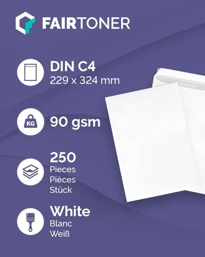 Versandtasche C4 (250 Stück Umschläge) Haftklebende Versandtaschen weiss 90gsm, mit Innendruck,ohne