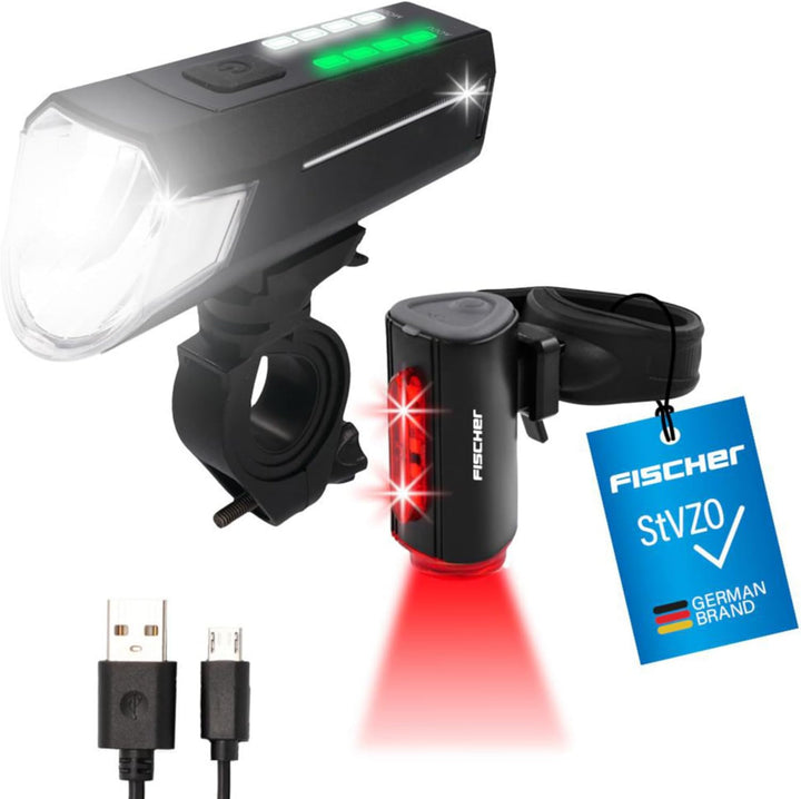 FISCHER Fahrrad-Beleuchtungsset, Front- und Rückleuchte, mit Akku, USB-Ladefunktion und Leuchtfunkti