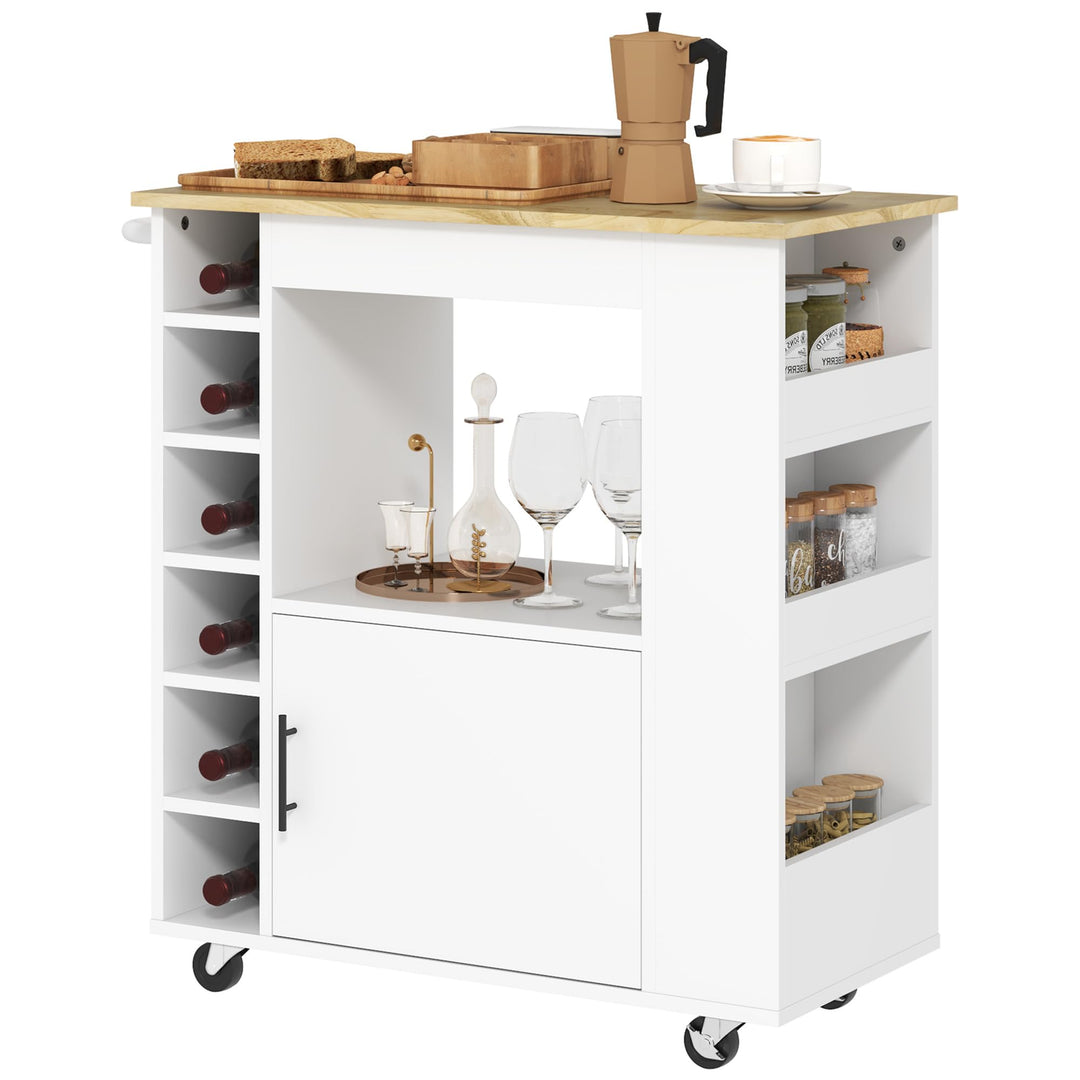 HOMCOM Küchenwagen Rollwagen mit Arbeitsplatte aus Holz, Ablagen, Weinregalen, Servierwagen, Küchens