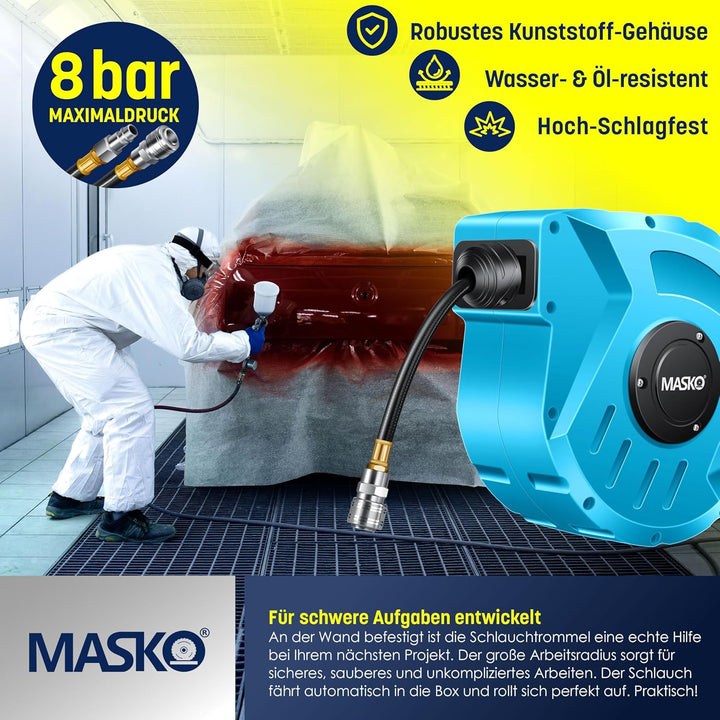MASKO® Automatik Druckluftschlauch Aufroller 10m – Schlauchtrommel mit 1/4" Anschluss, Schlauchaufro