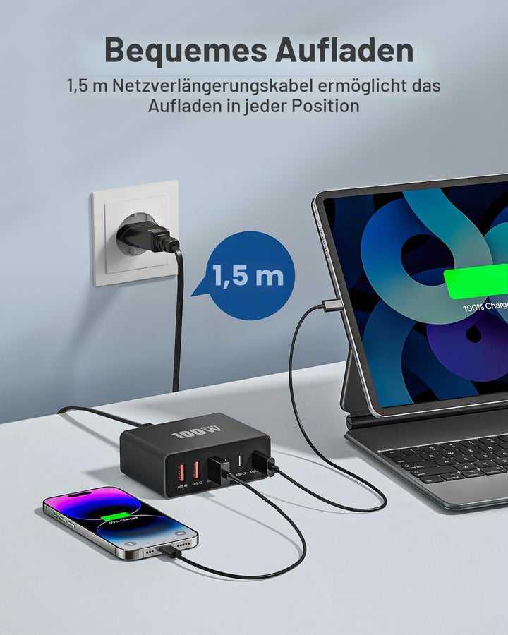 USB C Ladegerät, 100W 6-Port USBC Stecker Ladestecker USB Schnellladen mit PD und QC, Schnellladeger