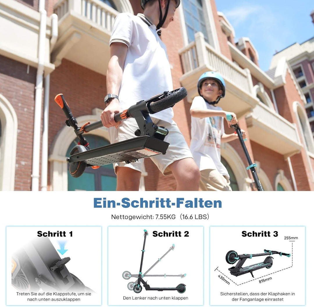 RCB R15 E-Scooter Kinder (8-12-16 Jahre) - bis zu 20 Km/h, Max. Reichweite 16Km, Elektroroller Faltb