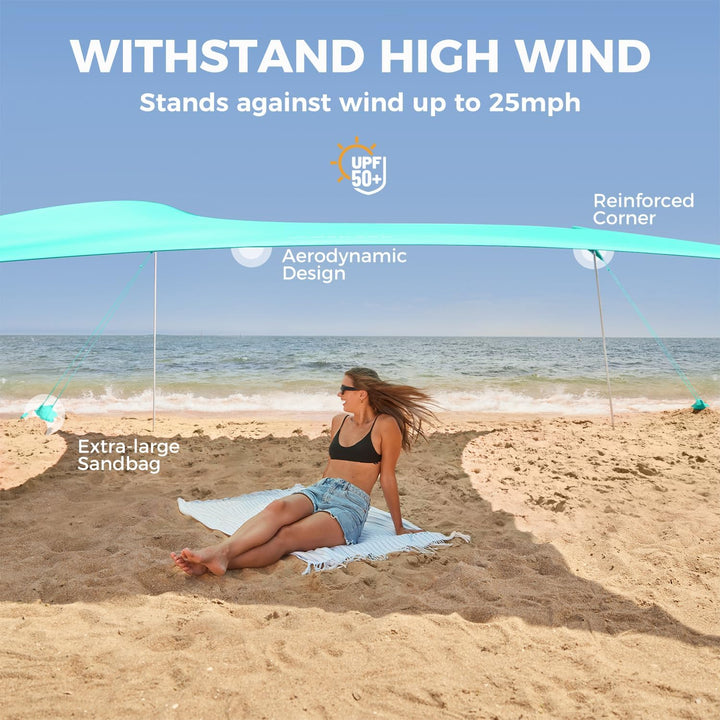 WEKAPO Strandzelt-Sonnenschutz, 2,3 x 2,4 m, Strandüberdachung mit verlängerten 4 Stangen, 1,8 m hoc