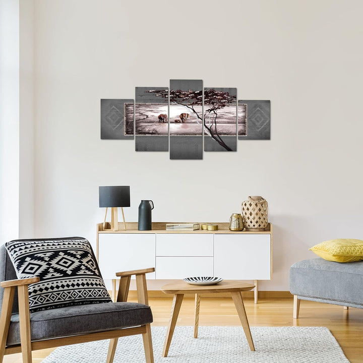 Runa Art Wandbilder Afrika Elefant 5 Teilig Bild auf Vlies Leinwand Deko Wohnzimmer Schlafzimmer Pan