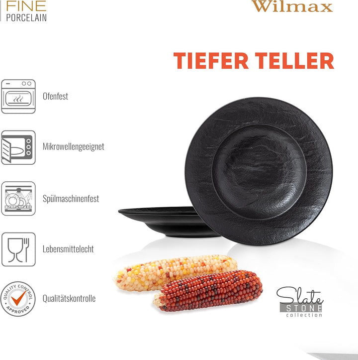 Wilmax | Tiefe Schalen - 2 Stück 25,5 cm / 350 ml | Schwarze Pastateller | Natursteintextur | Für Pa